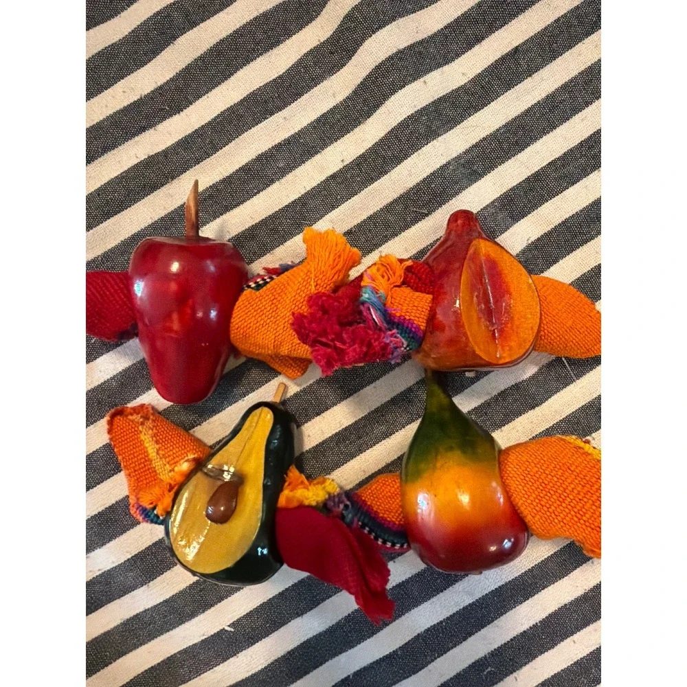 Vintage Artisan Hand Carved Wood Fruit Napkin Rings Set of 4 Avocado Apple Pear